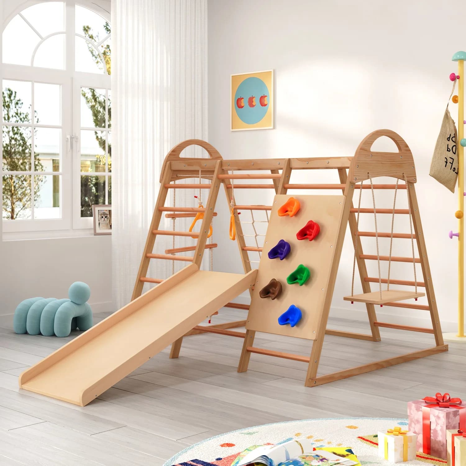 Marco de escalada multifuncional 7 en 1 de madera, columpio deslizante, escalera de escalada/red/piedras, juguete deportivo para patio de juegos