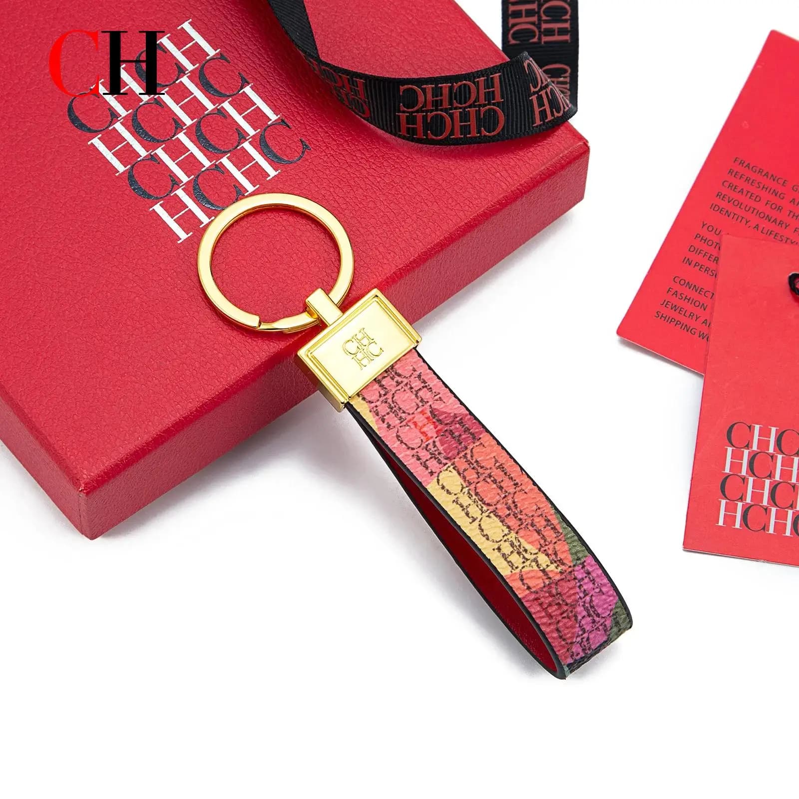 Llavero de Cuero con Monograma CH, Dos Tonos con Borde Rojo, Porta Llaves de Coche, Unisex, Accesorio de Moda, Colgante de Lujo