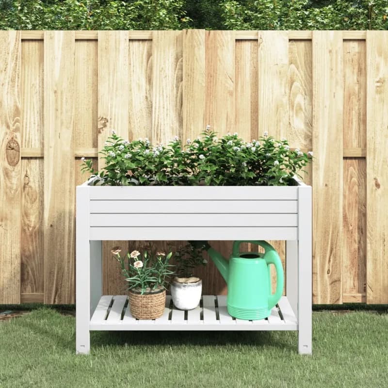 Jardinera elevada blanca de 110x45x79 cm de polipropileno, ideal para plantar flores y verduras.