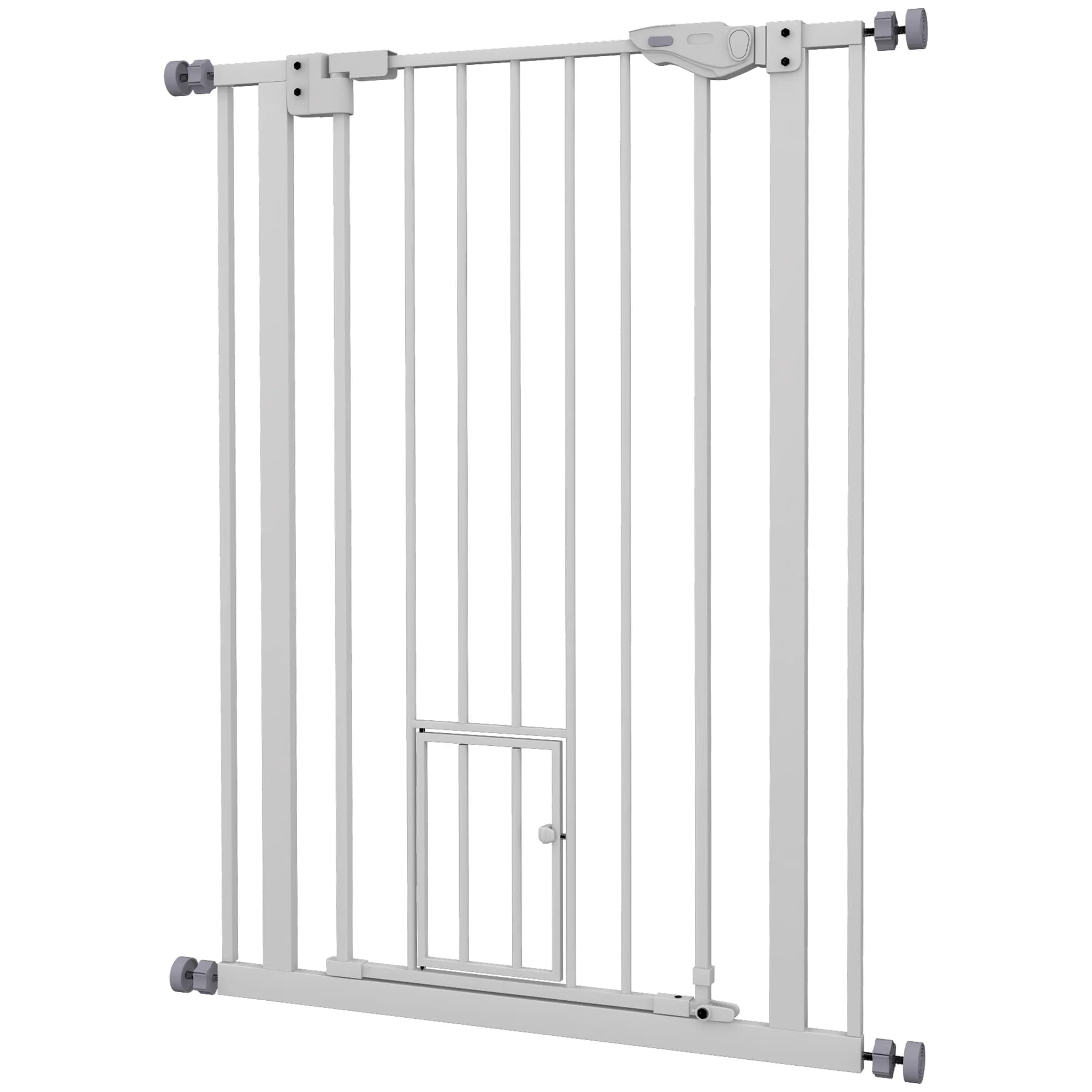 Barrera de seguridad para animales PawHut, diseño de H cm de altura con puerta, cierre para gatos, sin taladro, 74-80 cm, acero blanco