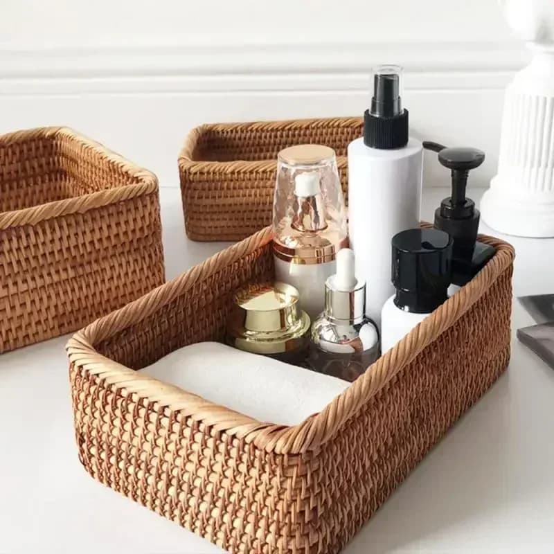 Cesta de mimbre Rectangular tejida a mano, fruta, té, merienda, pan, Picnic, caja de almacenamiento de cosméticos, suministros de cocina,