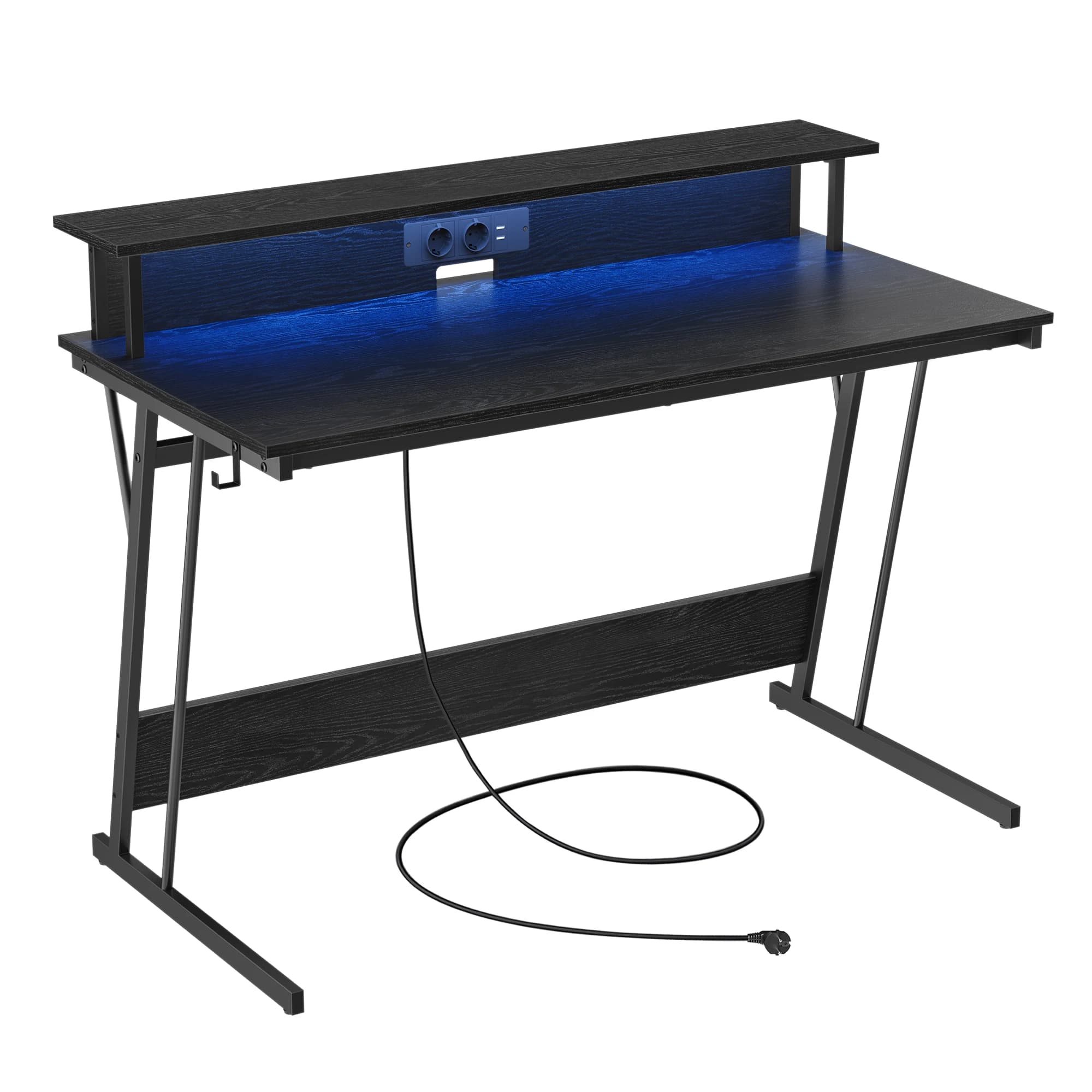 VASAGLE Escritorio para Juegos con Luces LED y Tomas de Corriente Incorporadas, Escritorio con Estante para 2 Monitores, Mesa para Oficina Dormitorio,