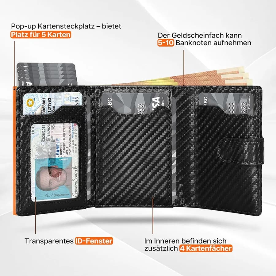 Cartera Pop-Up con Compartimento para Monedas, Protección RFID, Tarjetero para Hombre