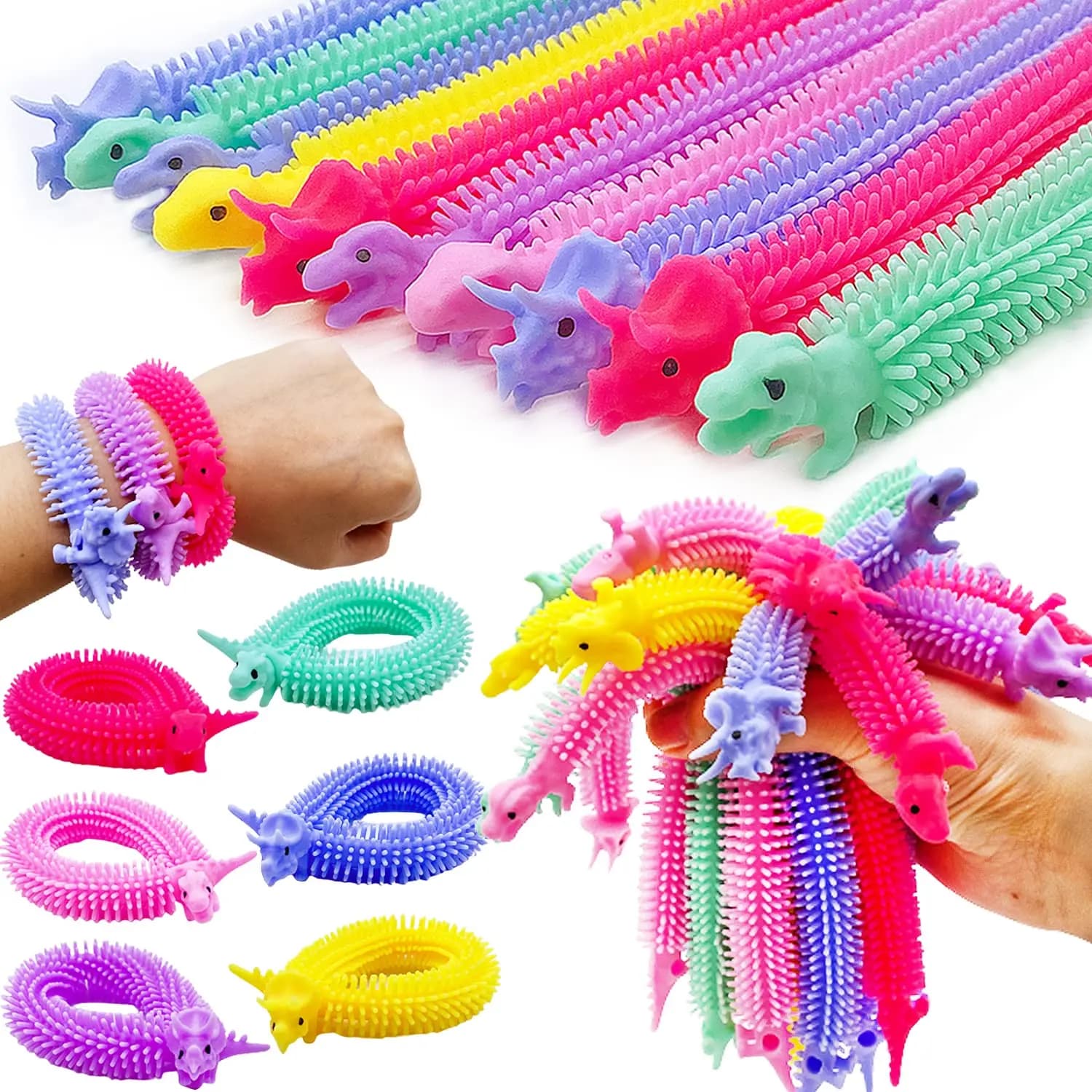 Paquete de 20/40/60 juguetes elásticos, cuerdas de fideos sensoriales de dinosaurio, cuerda elástica texturizada para niños y adultos, alivio del