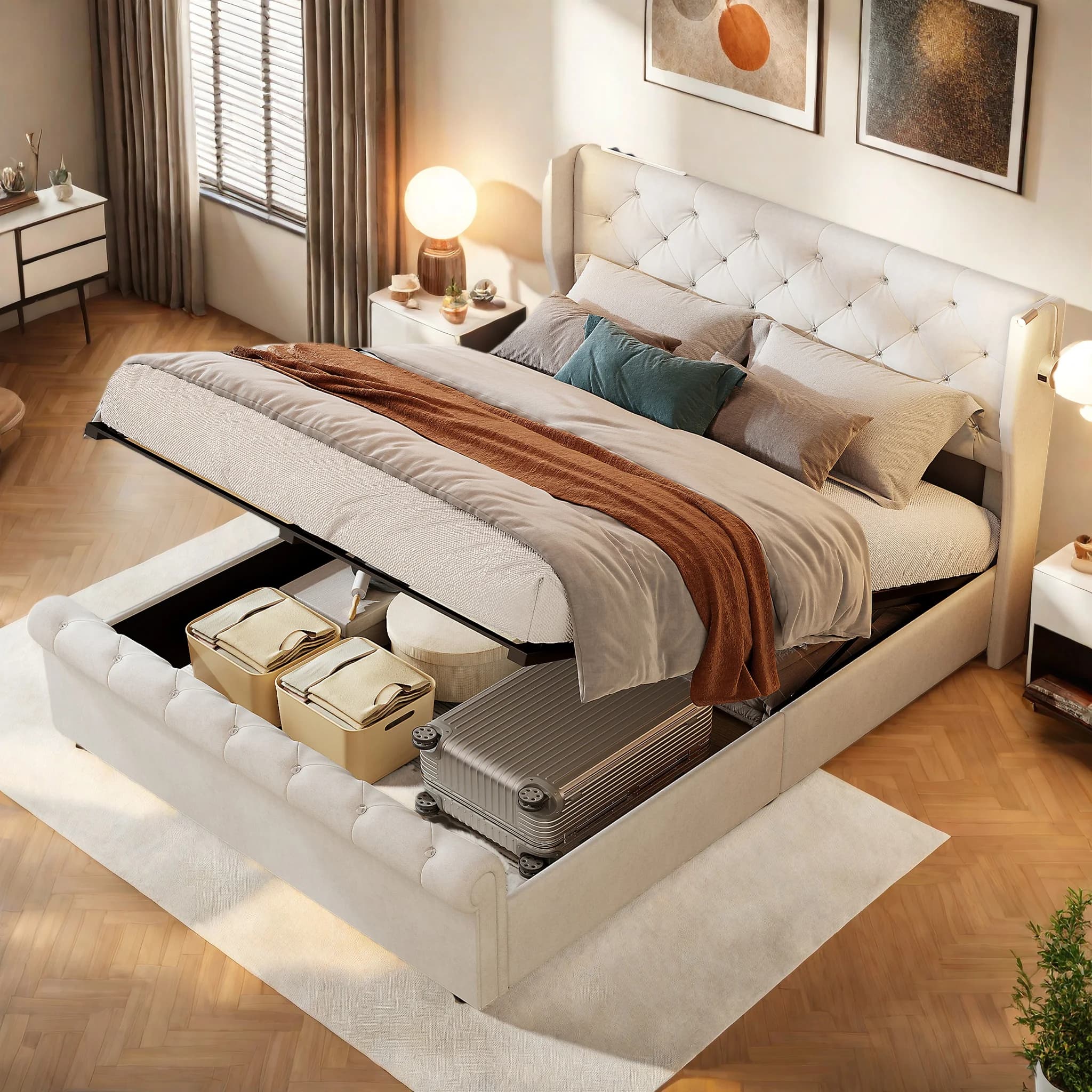 Base de Cama Tapizada Comanlai, Cama Doble con Cabecera LED, Cama Hidráulica para Adolescentes, Terciopelo, Sin Colchón, Beige
