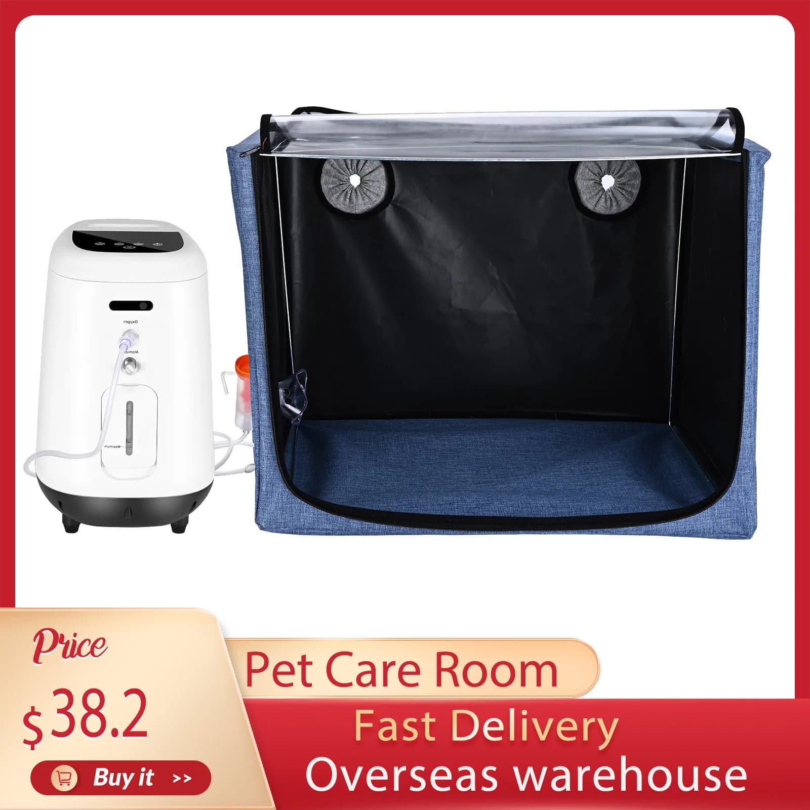 Jaula de Oxígeno para Perros y Gatos, Incubadora de 100L para Cachorros, Caja de Incubación para Mascotas, para Tratamiento de Tos, Respiración y