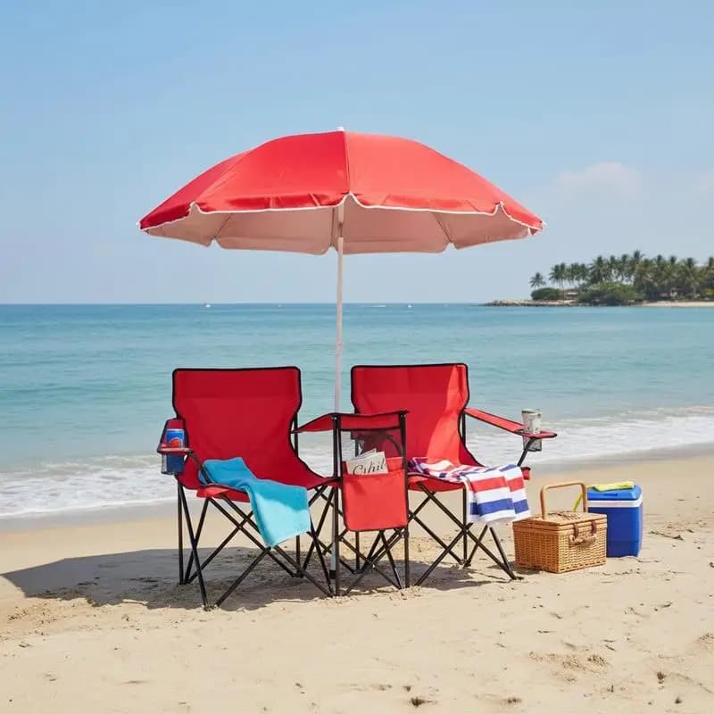 Silla Doble Plegable Portátil con Sombrilla - Roja - Ideal para Jardín, Césped, Picnic, Playa, Fiesta - Asientos para Exteriores
