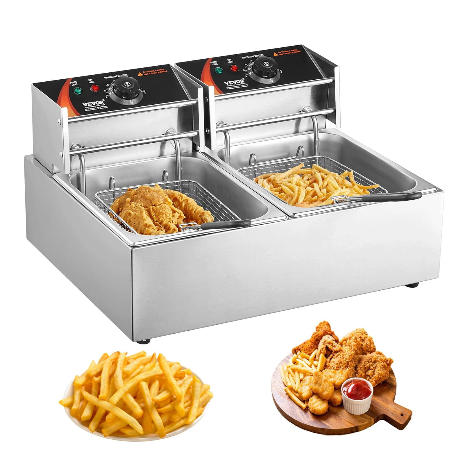 Freidora eléctrica comercial SucceBuy de 12L con tanques dobles, freidora de encimera de acero inoxidable de 3000W para pollo frito, patatas fritas