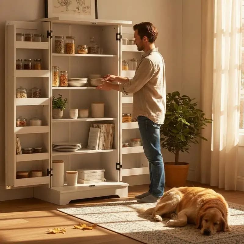 Mueble de cocina tipo buffet de 5 niveles con puertas y estantes ajustables 60L x 40P x 120H cm, acabado en madera color crema