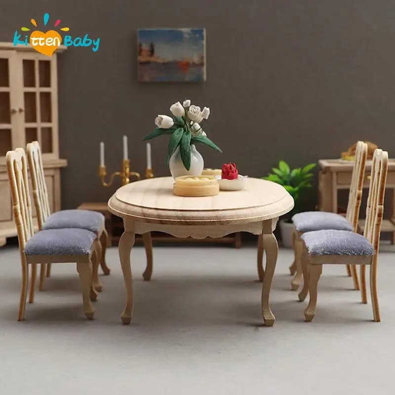 Mesa de comedor de madera en miniatura para casa de muñecas, juego de sillas, muebles de simulación, modelo de juguete para decoración de