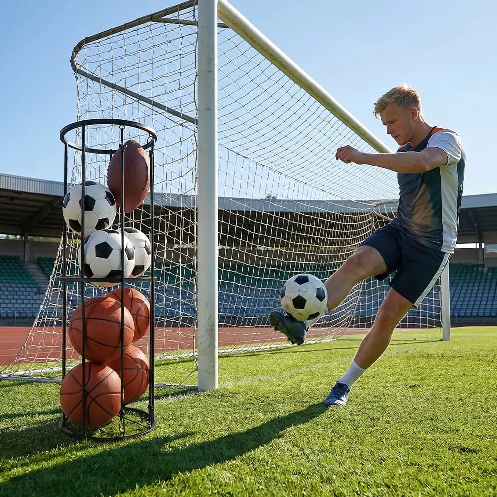 Soporte para pelotas de hierro duradero equipado con tres cordones elásticos. Contiene de forma segura balones de baloncesto, fútbol y voleibol para