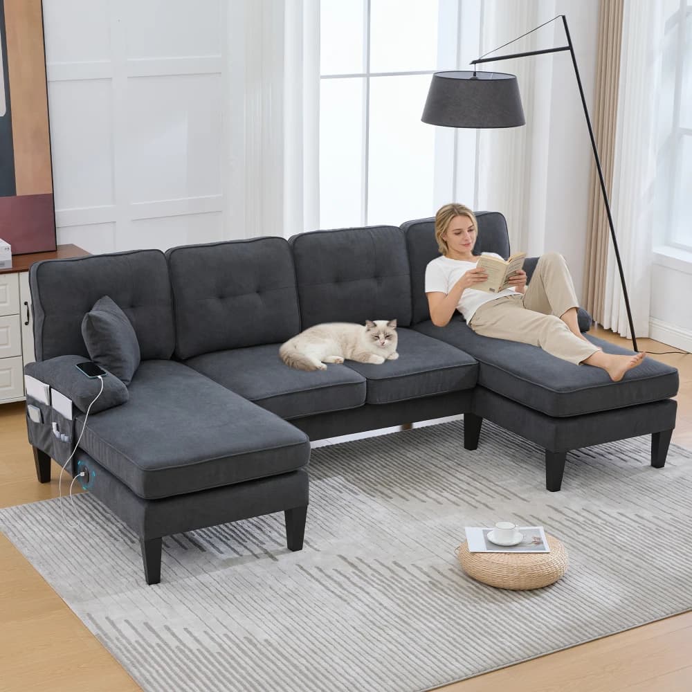 Sofá Grande en Forma de U para 4 Personas, Hecho de Lino Suave, Respaldo Moderno, con 2 Chaise Longues, Patas Estables y Cojines de Asiento
