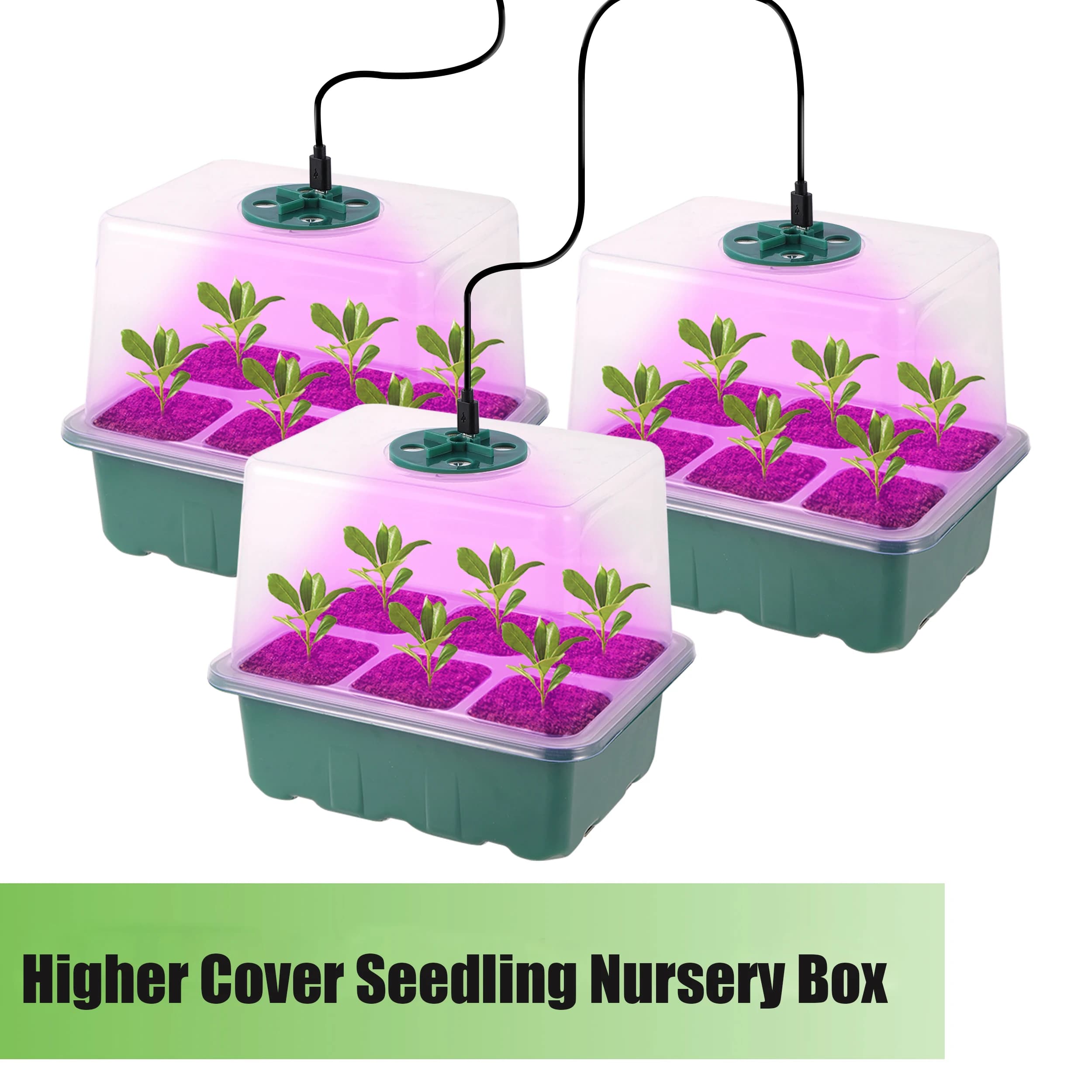 Caja de bandeja para vivero con cubierta superior, con luz de cultivo, LED de 6/12 celdas, plántulas de espectro completo, maceta de germinación