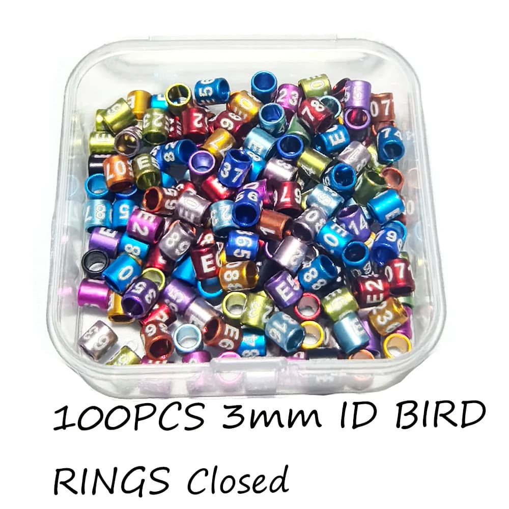 100 unids/lote anillos canarios cerrados de 3mm (no personalizados, caracteres aleatorios, mezcla de colores) bandas de aluminio para patas de pájaro