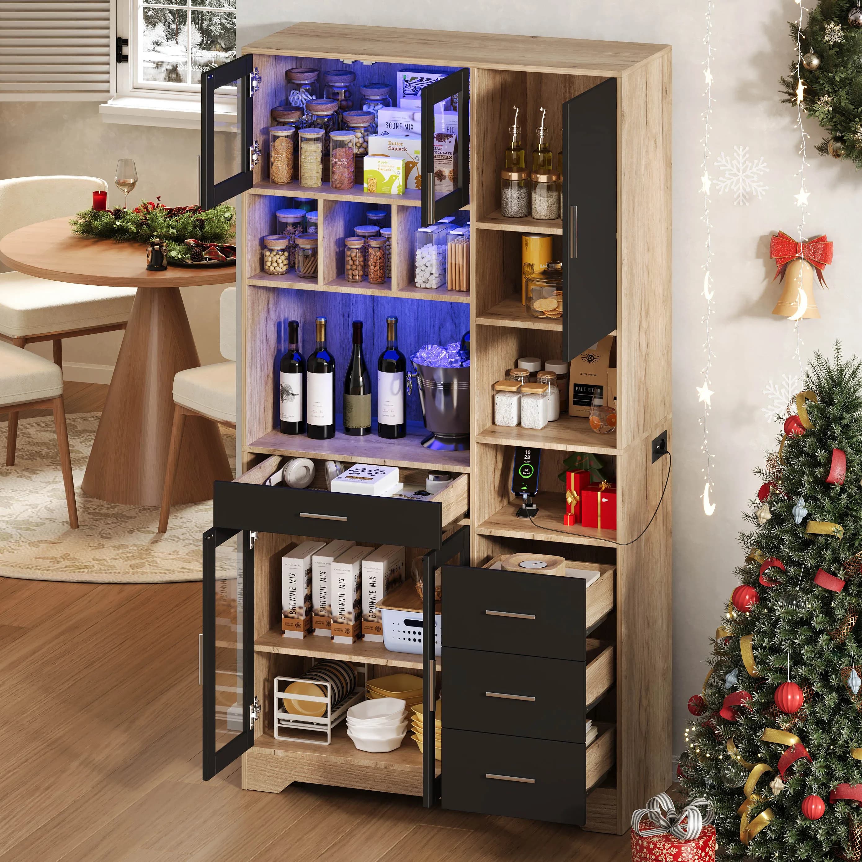 Buffet de Cocina con LED, Ganchos y Estantes Ajustables - LPOSPI - Vidrio Templado, MDF Negro y Natural