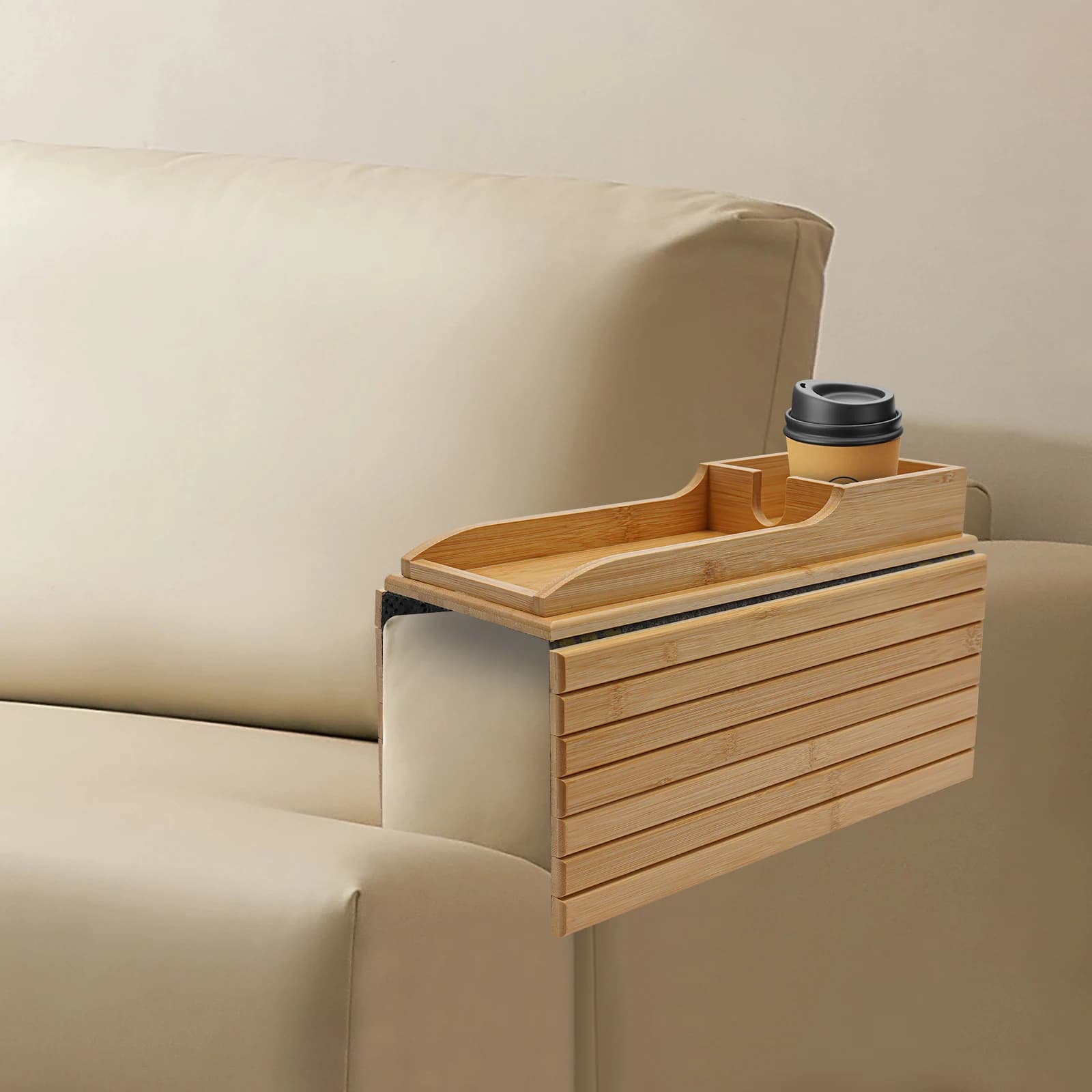 Bandeja de brazo de sofá elevada plegable, portavasos de bambú, paleta de 41,5x34cm/16,3x13,4 pulgadas, estante de almacenamiento que ahorra