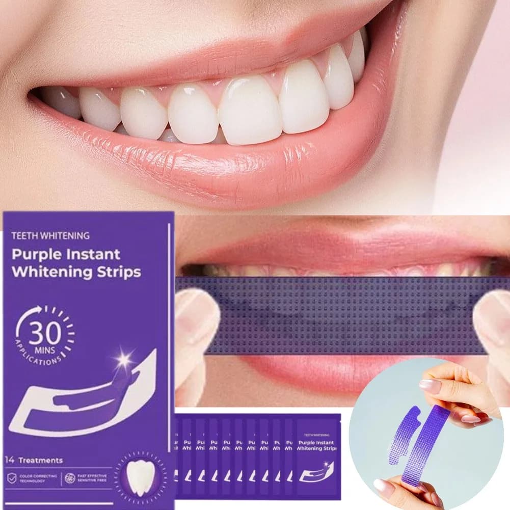 Tiras blanqueadoras de dientes V34, 42 pares, producto portátil para blanquear los dientes, aliento fresco, elimina las manchas, pegatinas para