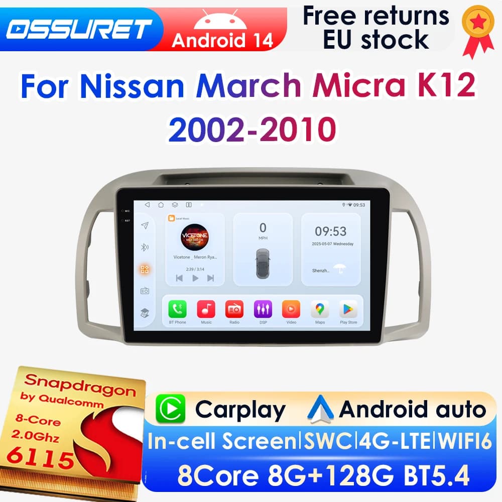 OSSURET AI Carplay Android 14 Radio de coche para Nissan March Micra K12 2002-2010 GPS Multimedia 4G DSP BT RDS WIFI de Snapdragon6115