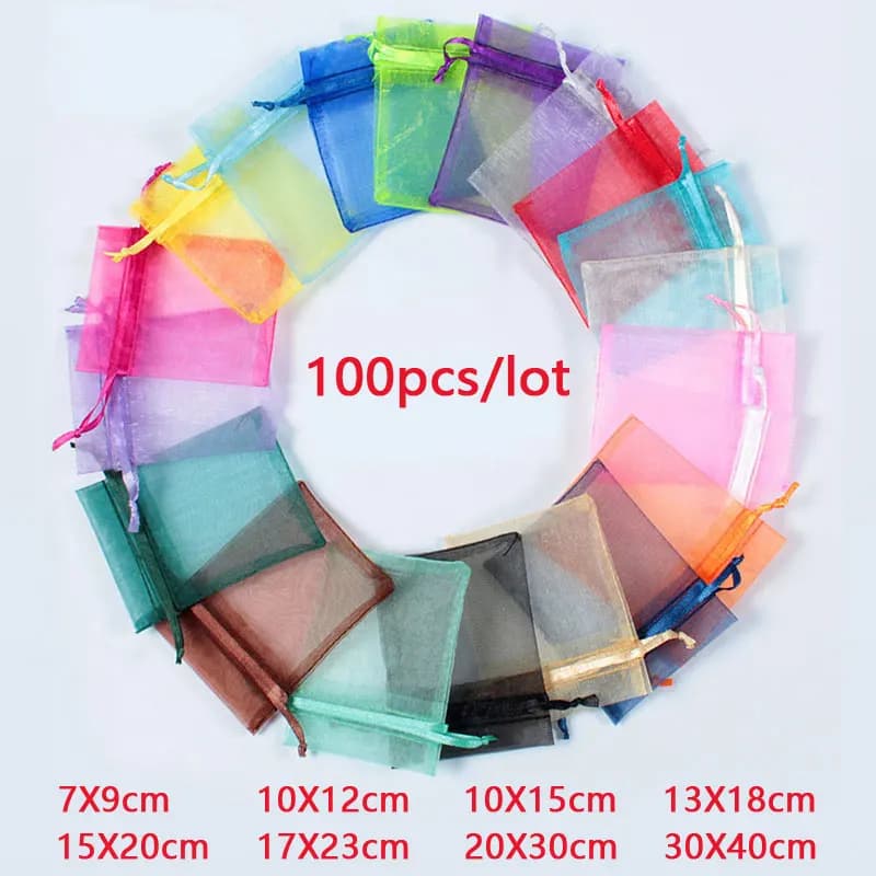 100 unids/lote 7x9 9x12 10x15 13x18CM bolsas de Organza bolsa de joyería decoración del banquete de boda bolsas dibujables bolsas de regalo embalaje