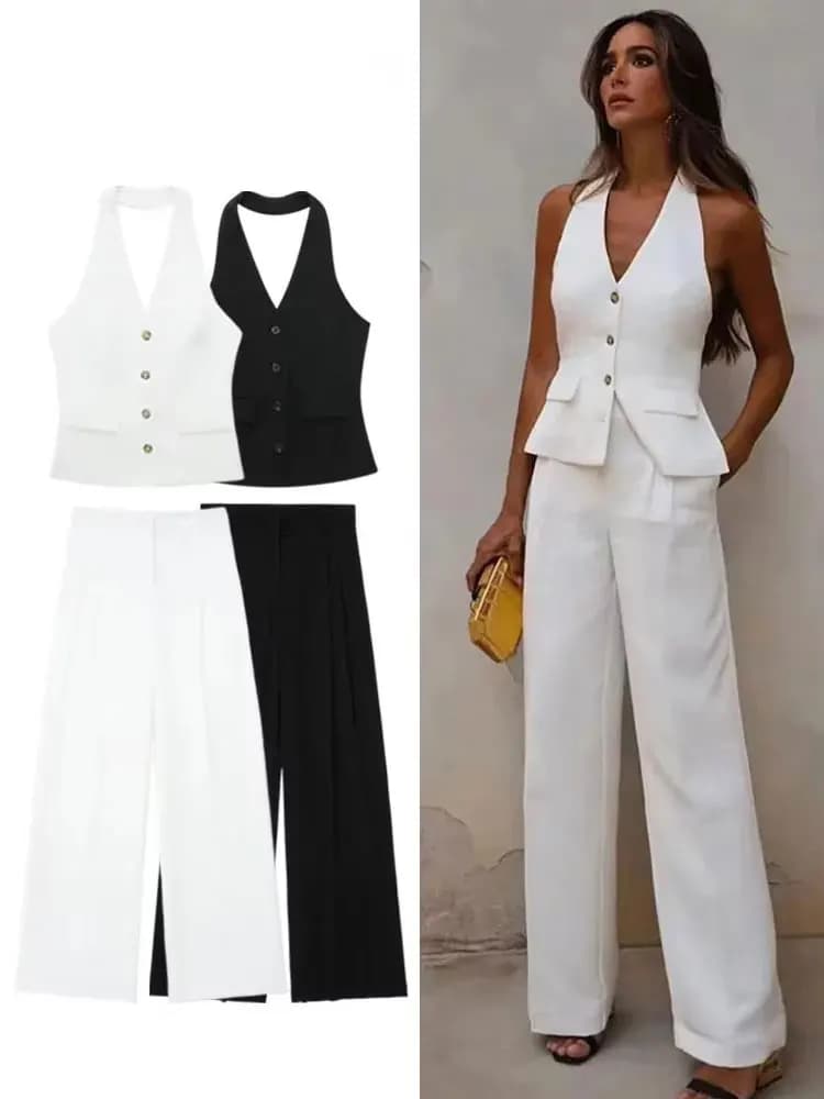 HH, traje de pantalón liso a la moda para mujer, chaqueta sin mangas con un solo pecho y cuello Halter, chaleco, Top con cremallera, pantalones con