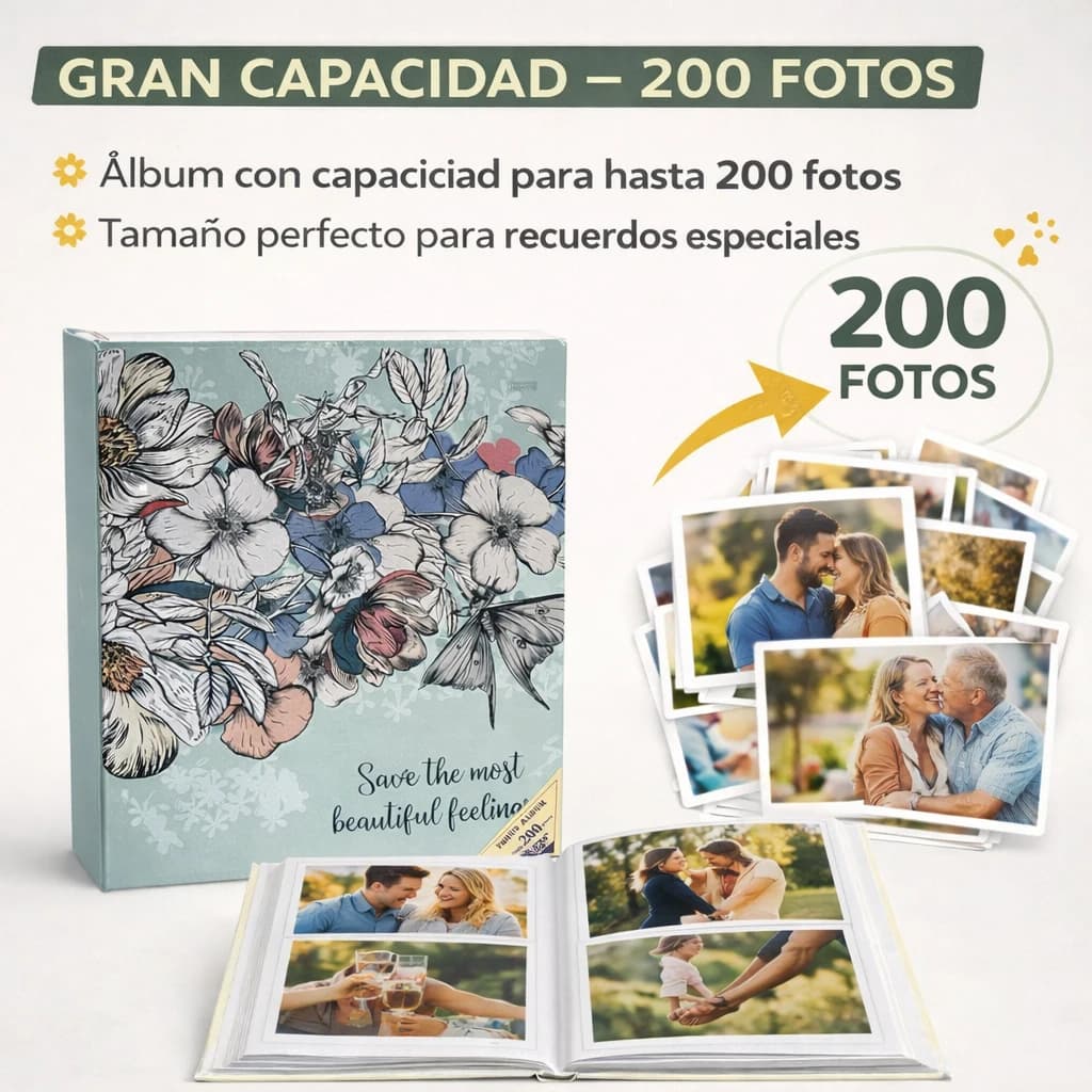 Album fotos 10x15  con 200 Bolsillos con caja para guardar | Albumes Infantiles con Tapa dura, 2 foto por pág.