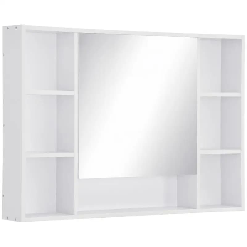 Armario de baño con espejo, mueble de baño, 7 estantes abiertos y armario, 100 x 15 x 70 cm, blanco
