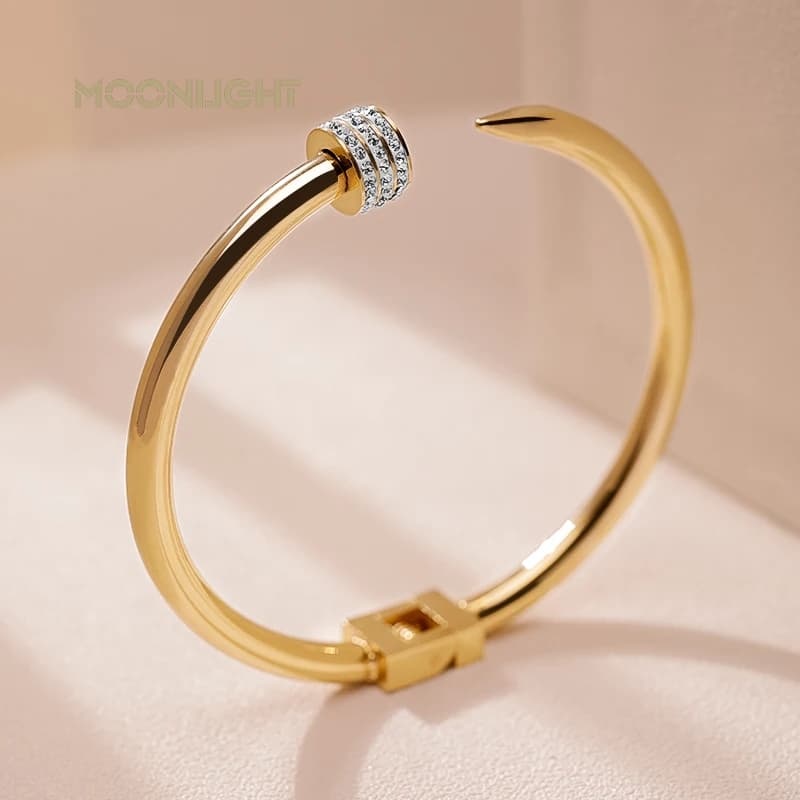 Brazaletes abiertos de uñas de marca clásica MOONLIGHT, pulsera Simple de moda para mujer, pulsera con tornillo de acero inoxidable para mujer,