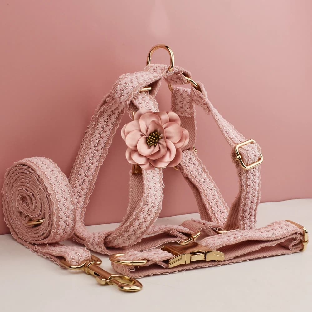 Collar de encaje rosa para perro, placa con nombre grabada personalizada, collar de boda para mascotas, arnés para perros, accesorios para perros,