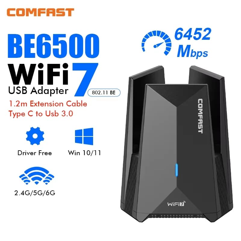Adaptador Wi-Fi COMFAST Wifi 7 USB 3.0, Tarjeta de Red Inalámbrica de 6500 Mbps, 6G/5G/2G, 4 Antenas de 5dBi, Receptor con Cable de Extensión de 1