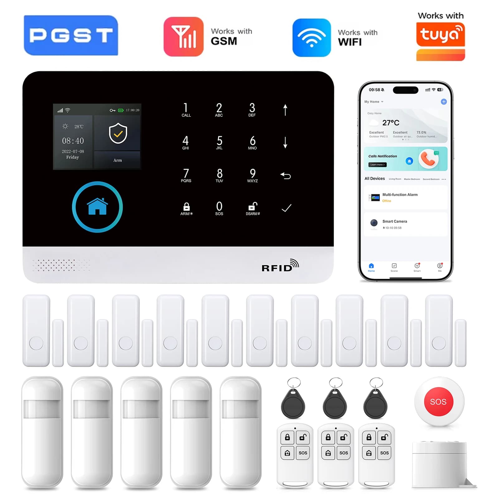 Sistema de alarma PGST para el hogar, WIFI, GSM, alarma de seguridad antirrobo con sensor de movimiento para puertas, compatible con Tuya Control y