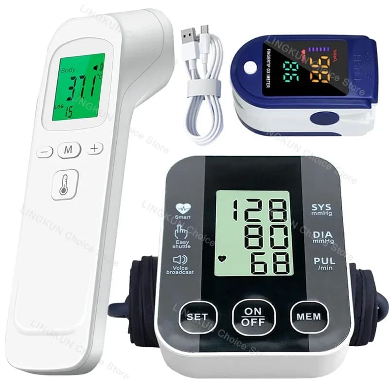 Medidor de presión arterial de brazo médico, tensiímetros, tonómetro, manguito, termómetro para fiebre, oxímetro, ritmo cardíaco, juego 3 en 1