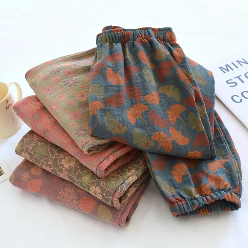 2026 nueva primavera verano pijamas de mujer 100% pantalones de crepé de algodón cómodos sueltos de hoja grande pantalones de casa pantalones finos
