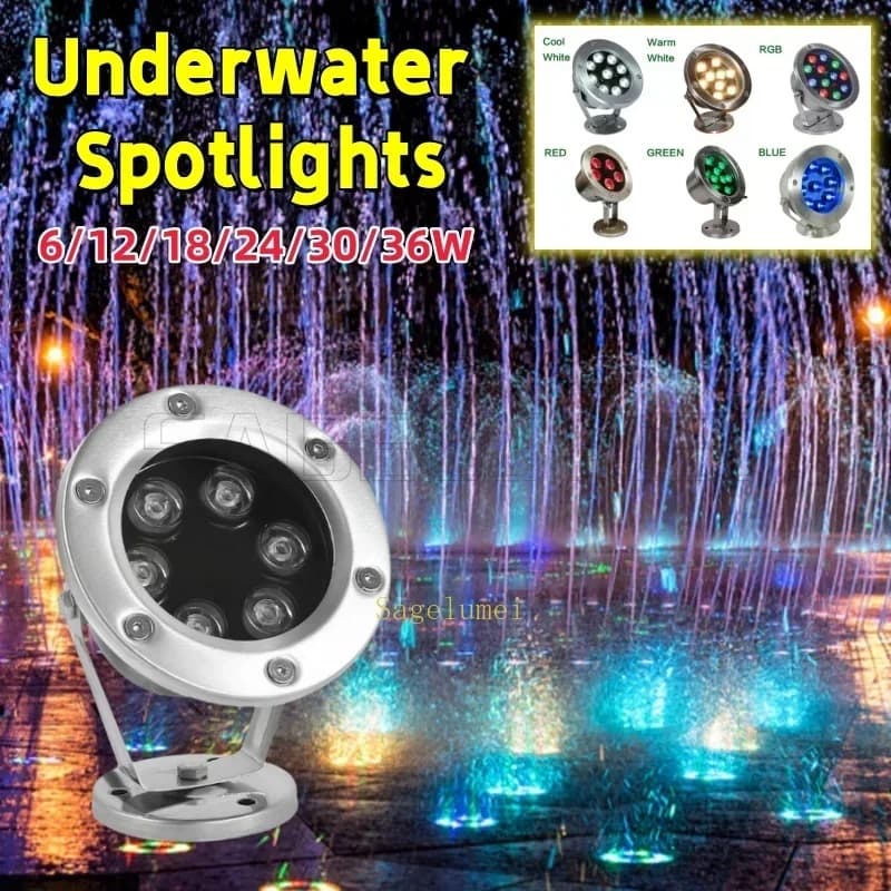 AC/DC12/24V LED subacuático acuario piscina pecera RGB foco lámpara al aire libre 6W/12W/18W/24W/30W/36W RGB blanco IP68 impermeable