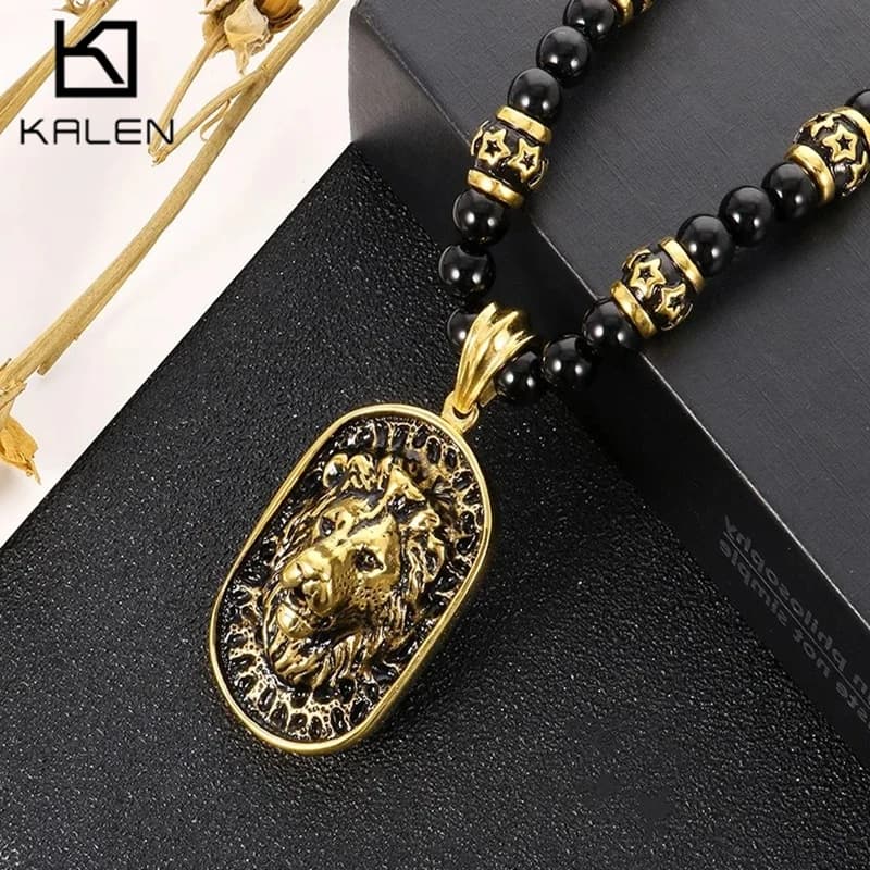 Nueva cadena de cuentas de ágata Punk, collar con colgante de León/lobo para hombres, collar con etiqueta de perro de acero inoxidable, joyería de