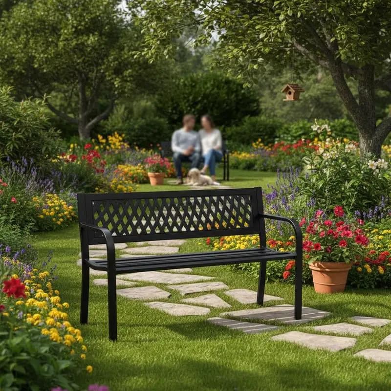 Banco de jardín, 118 cm, de acero, negro