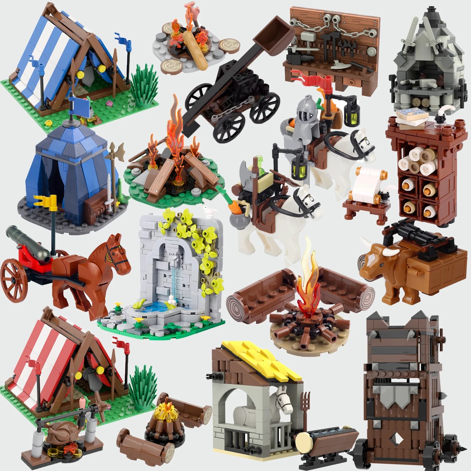 MOC-kit de bloques de construcción de castillo Medieval, accesorios, armas de asedio, tienda, hoguera, carro Smithy, vista de muebles, ladrillos,