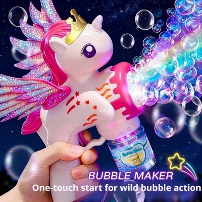 Pistola de Burbujas Eléctrica Unicornio Caballo Volador 2026, Soplador de Jabón Automático Poroso y Colorido con Luces, Juguete para Fiestas de