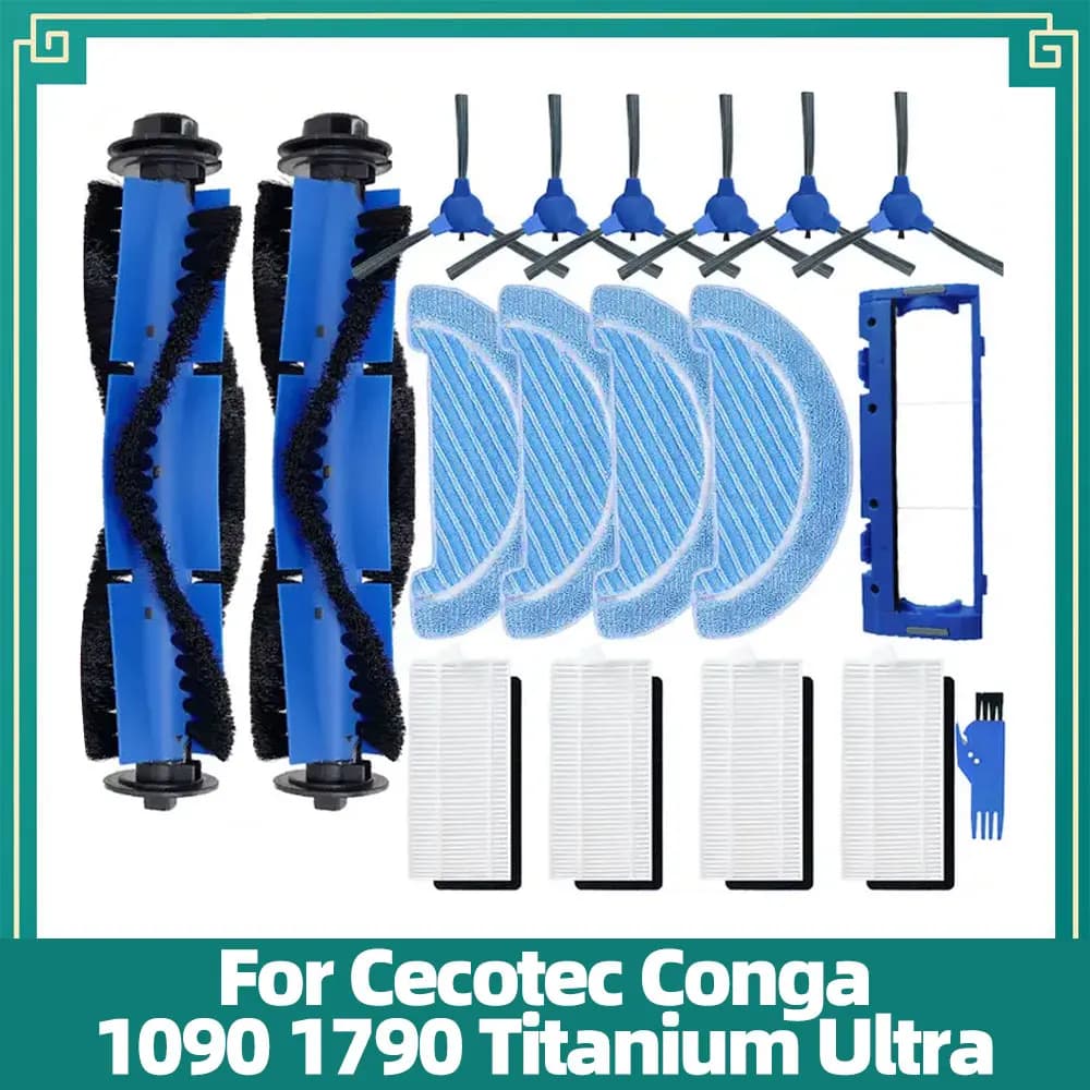 Compatible con repuestos y accesorios para el robot aspirador Cecotec Conga 1090 1790 Titanium Ultra - Cepillo principal y lateral, Filtro Hepa, Mopa,