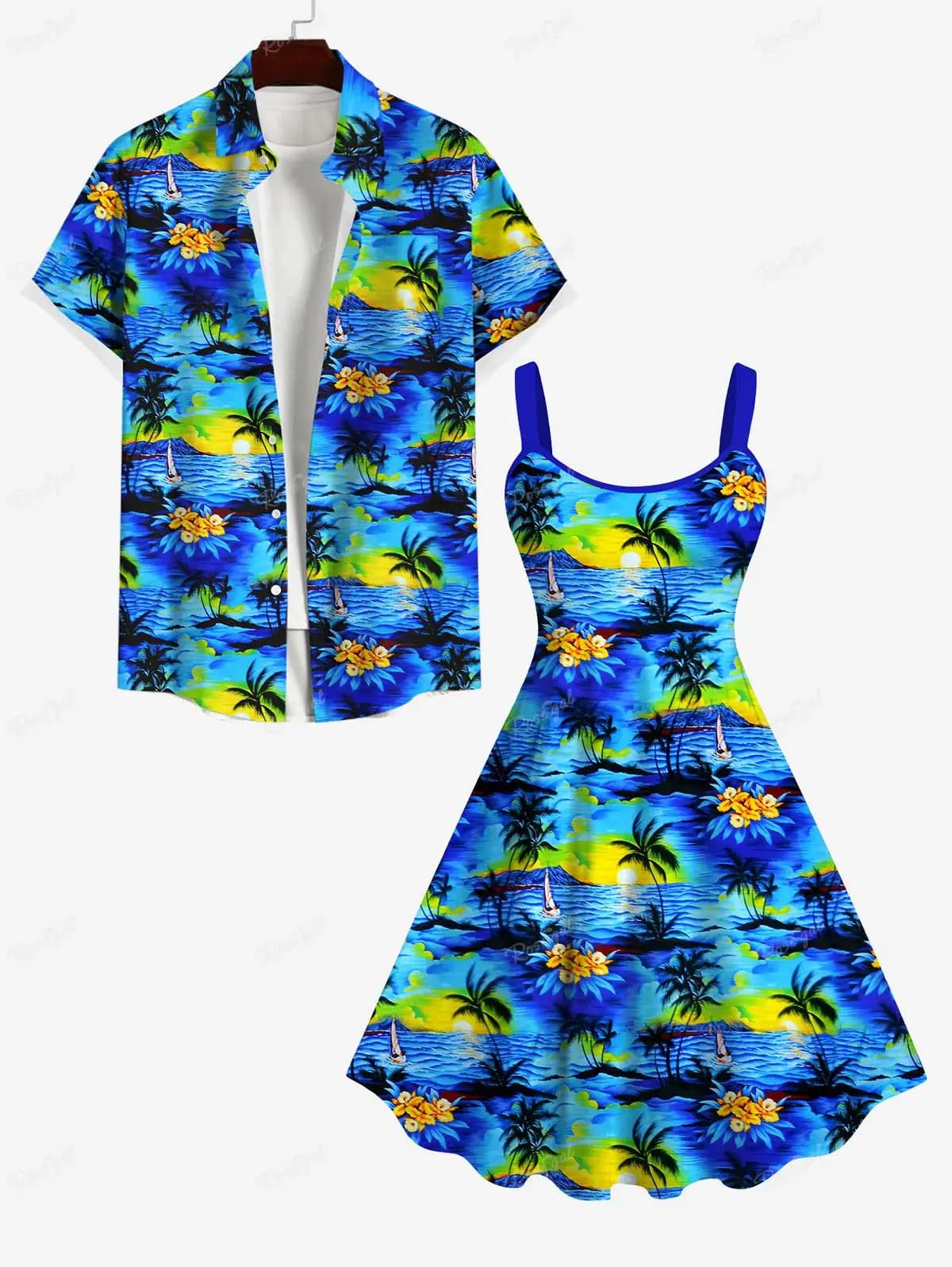 Rosegal Pareja a juego Camisa hawaiana con estampado floral de sol de mar y árbol de coco o vestido sin mangas ajustado y acampanado hasta la rodilla
