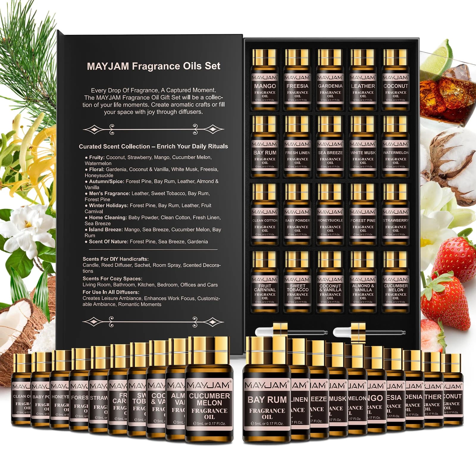 MAYJAM 20 unids/set aceites aromáticos para hacer velas difusoras, juego de aceites esenciales 35 botellas para humidificador, juego de aceites de
