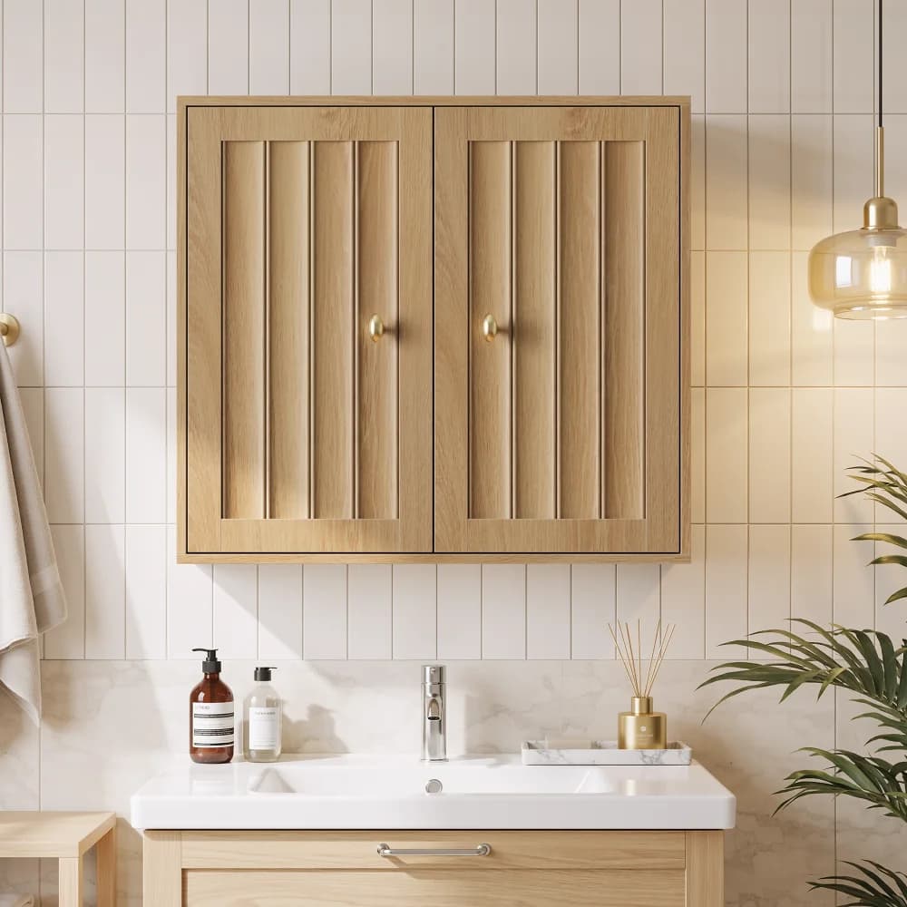 Mueble de baño montado en la pared, botiquín de dos puertas con diseño de ranuras verticales – Colgante de pared