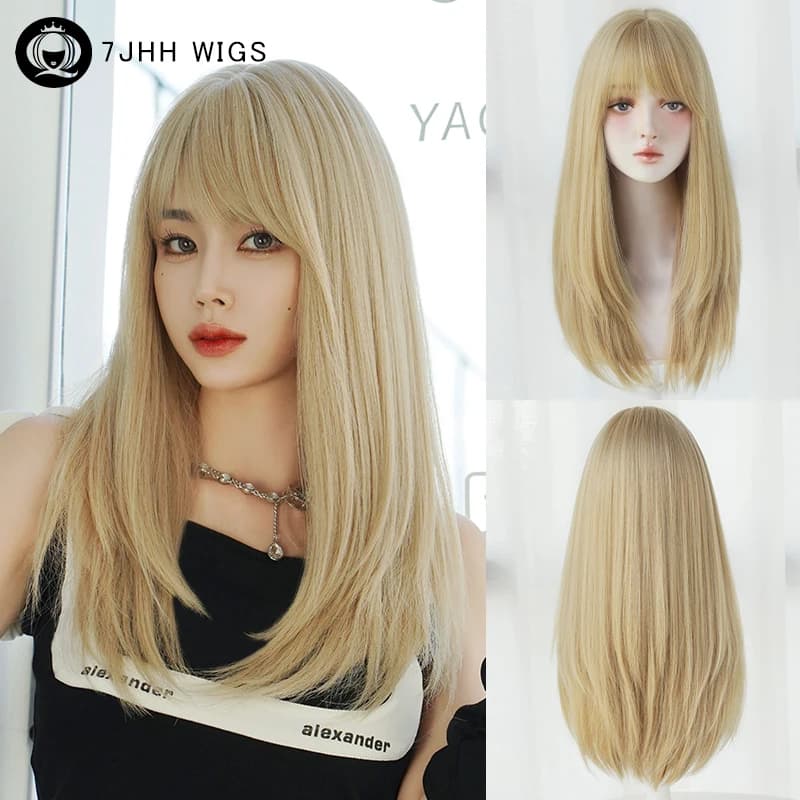 Pelucas 7JHH, peluca rubia en capas para mujeres, pelucas de pelo liso suelto sintético de alta densidad con flequillo limpio, amigable para
