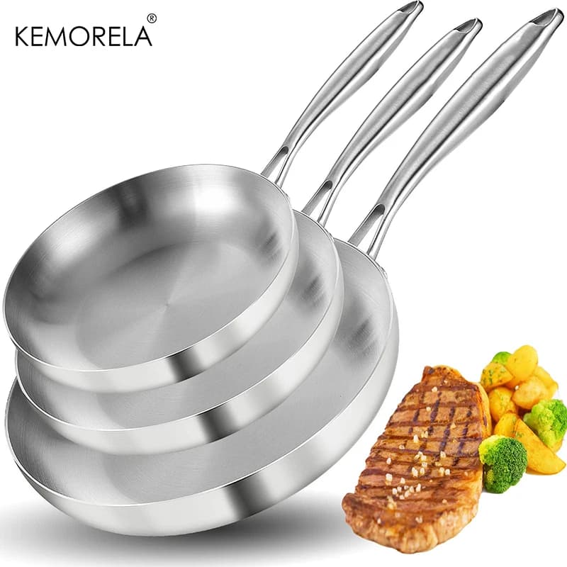 2/3 Uds sartén 22/24/26/28CM 304 sartén Wok de acero inoxidable de 2MM de espesor sartenes antiadherentes de acero de 5 capas de calidad alimentaria