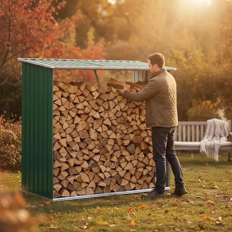 Estantería para leña verde de acero galvanizado de 163x83x154 cm con capacidad de 2 m³, tubos laterales reforzados, techo inclinado para drenaje de