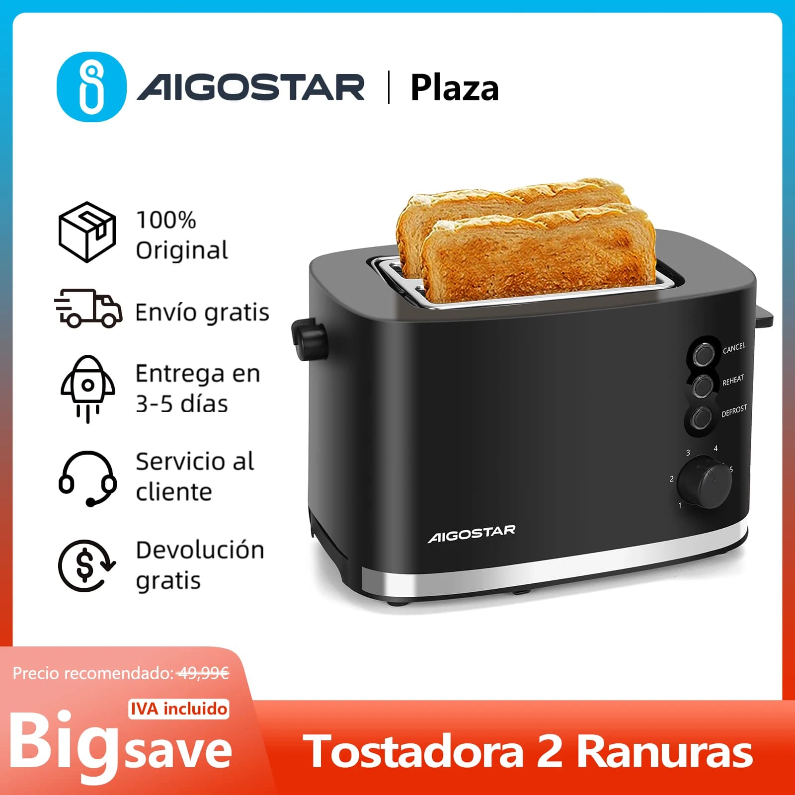 Tostadora, 2 Ranuras Extra Anchas, con Rejilla Calientabollos Incorporada, 6 Niveles de Tostado, 3 Funciones, 800W, Libre de BPA