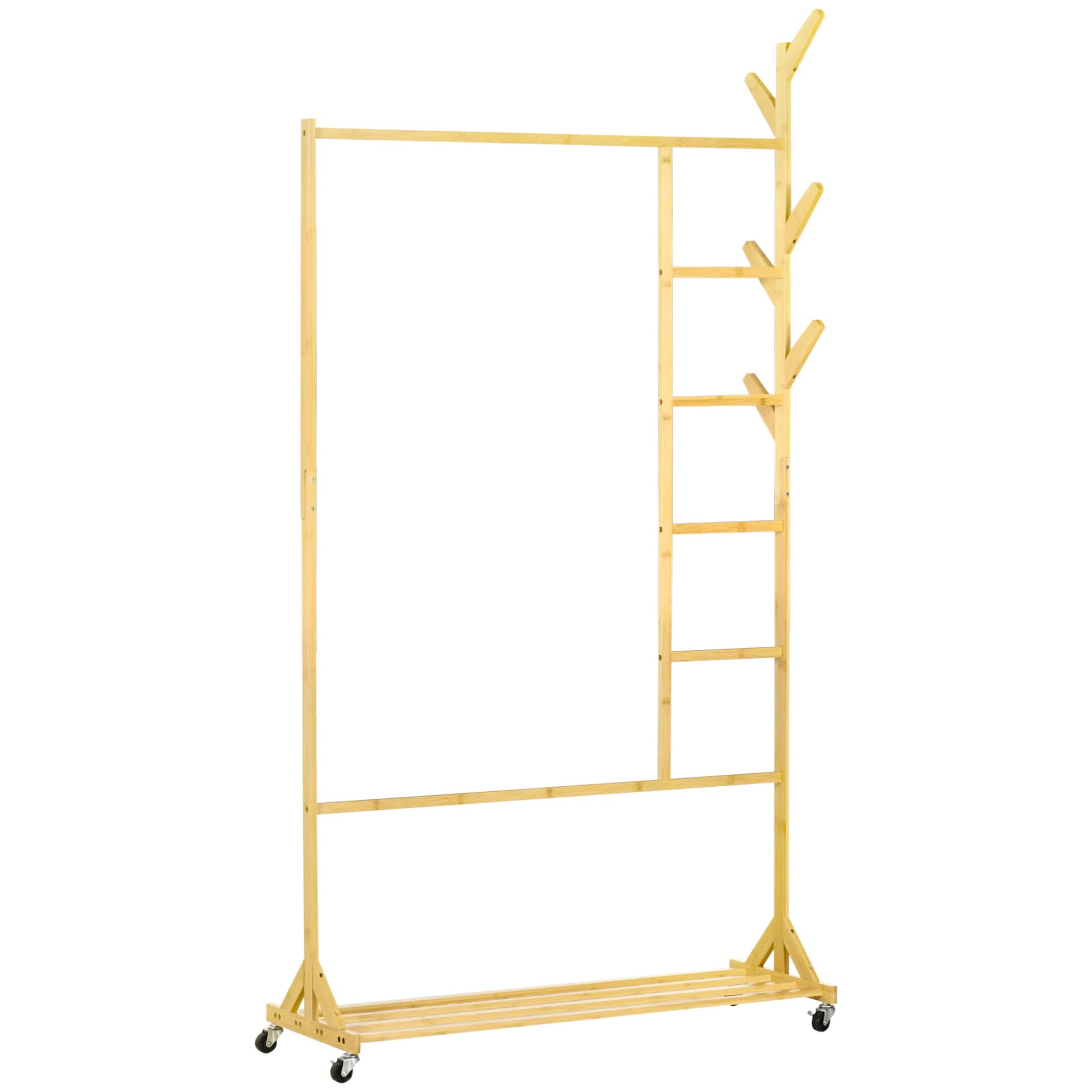 HOMCOM Perchero de Pie de Bambú con Ruedas 6 Ganchos Barra Estante 100x37x191 cm