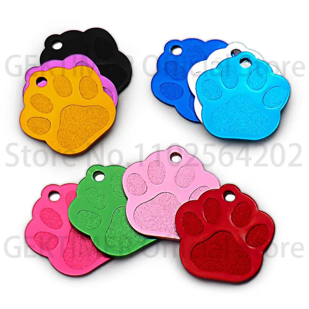 100 unidades en oferta: Placa de identificación para mascotas con forma de pata, colgante de aluminio, accesorio antipérdida grabable para llavero
