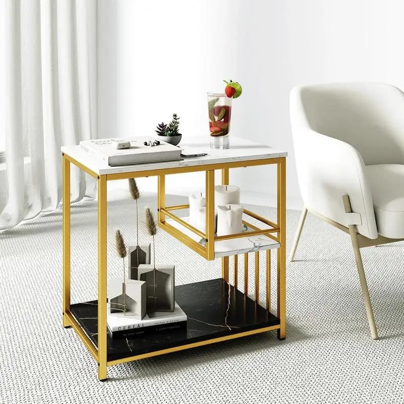 Mesa auxiliar con aspecto de mármol, mesita de noche de 3 niveles con estructura metálica, mesa de centro moderna para sala de estar, color blanco