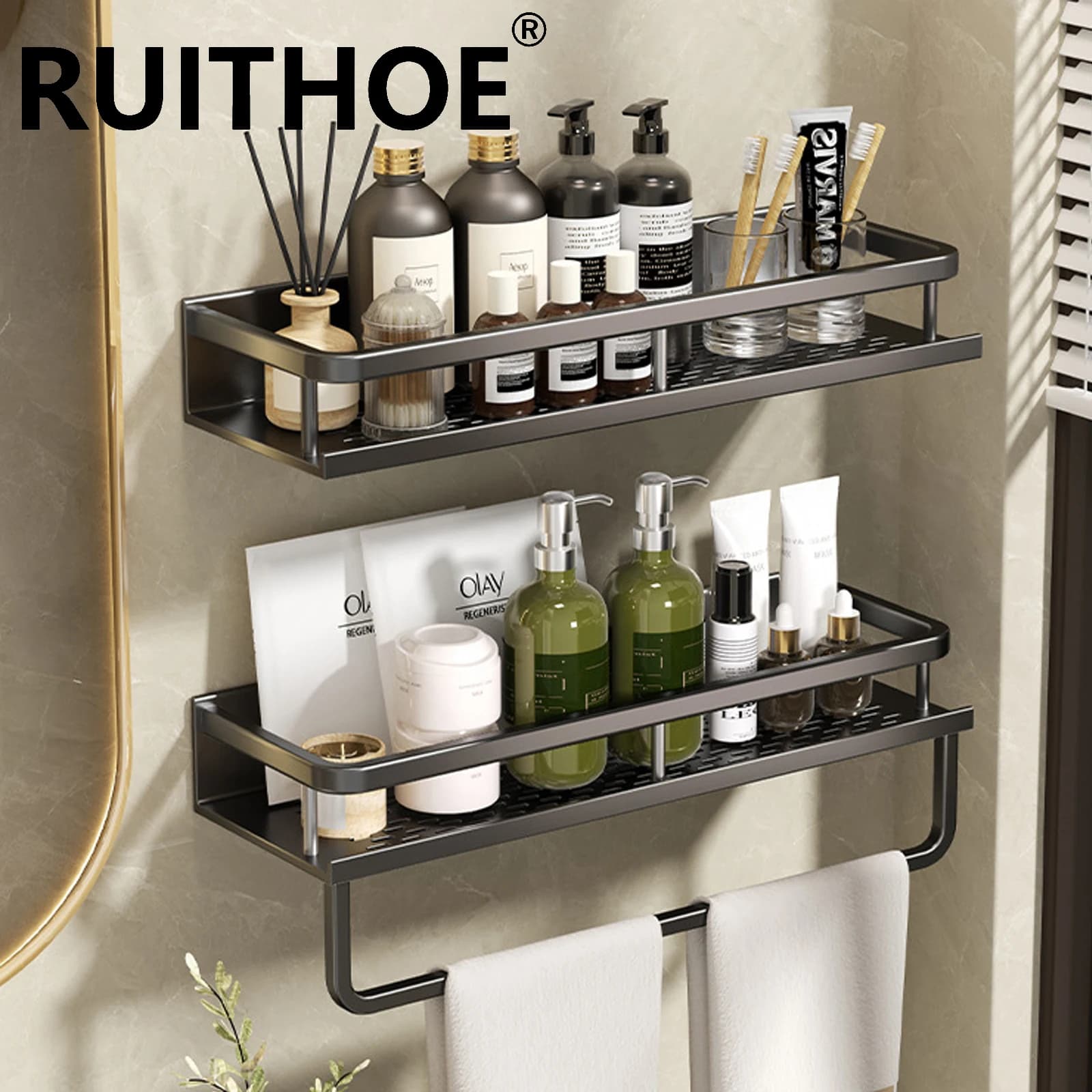 Estante de baño sin perforaciones, estante de baño, espacio para inodoro, estante colgante de aluminio sin taladro, organizador de baño para colgar