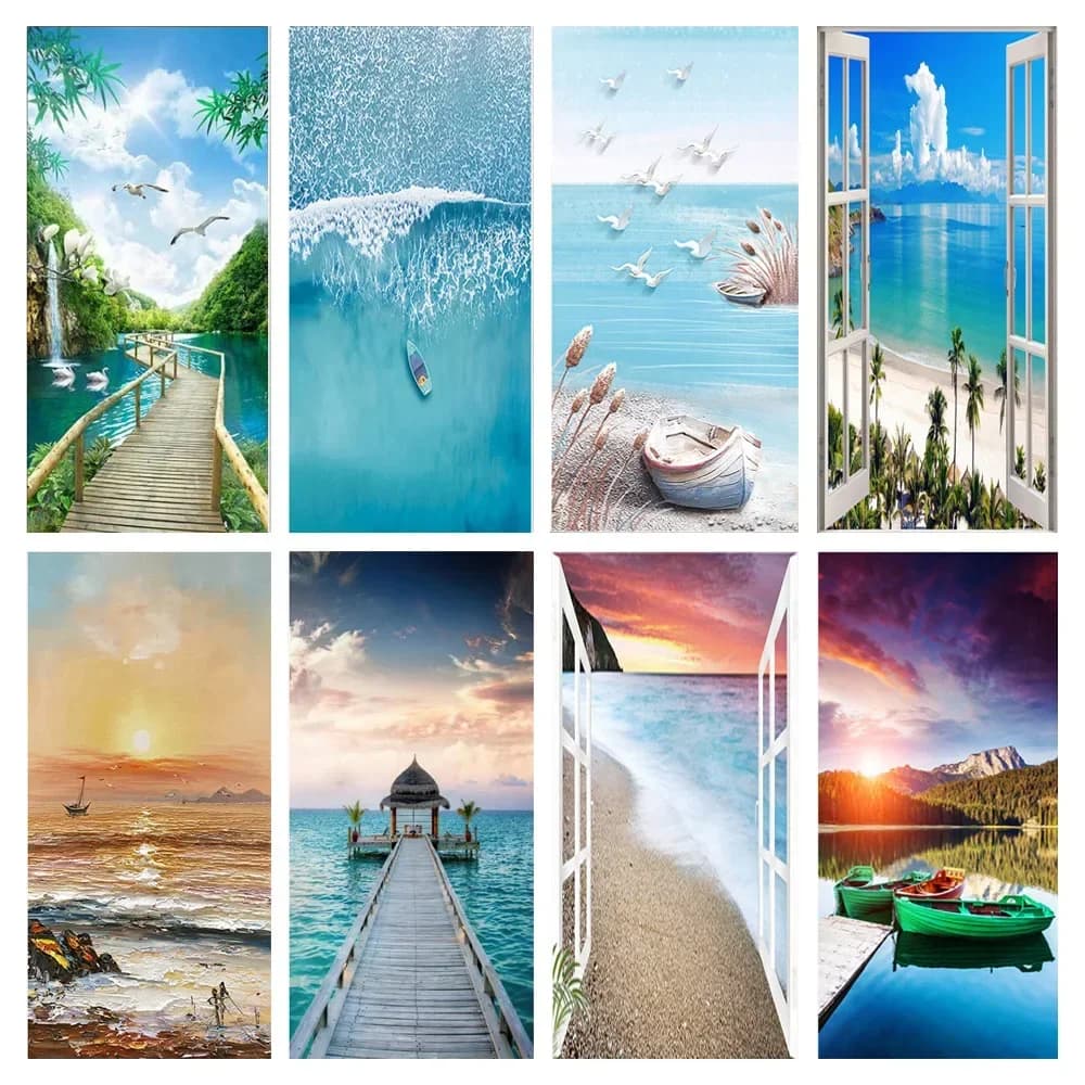 Pegatina de puerta 3D, papel tapiz autoadhesivo, paisaje costero, calcomanía de playa, Mural para dormitorio, baño, póster de vinilo, decoración